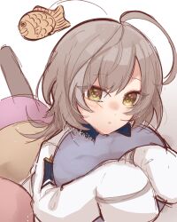  1girl ahoge assault_lily blush brown_pantyhose commentary_request gradient_background grey_background grey_hair hands_up herensuge_girls_academy_school_uniform highres holding holding_pillow hugging_object jacket leg_up long_hair long_sleeves looking_at_viewer lying multicolored_hair nose_blush on_stomach oversized_clothes pantyhose parted_lips pillow pillow_hug ponokaijo sasaki_ran school_uniform simple_background sleeves_past_fingers sleeves_past_wrists solo streaked_hair twitter_username white_background white_jacket yellow_eyes 