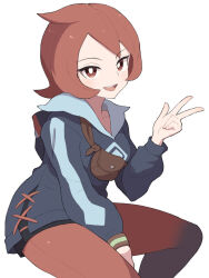  1girl arezu_(pokemon) blue_hoodie blush breasts collarbone commentary_request cowlick diamond_clan_outfit gradient_clothes gradient_legwear hiyoshipow hood hoodie long_sleeves looking_at_viewer open_mouth pantyhose pantyhose_under_shorts pokemon pokemon_legends:_arceus red_eyes red_hair red_pantyhose short_hair shorts simple_background sitting smile solo teeth two-tone_legwear two-tone_pantyhose upper_teeth_only v white_background 