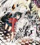  abstract animal bag bird black_hair blue_eyes butterfly checkered checkered_floor dolphin dove eraser flower flying_paper fountain_pen headphones headphones_around_neck horse ink kneehighs loafers niou_kaoru notebook oekaki_musume open_mouth original paper pen pencil revision rose school_uniform scissors shoe_dangle shoes skirt sleeves_rolled_up solo star stationery surreal track_jacket whale white_rose 