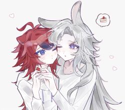  2girls ahoge animal_ears aotsuki_eito blue_eyes breasts cake cake_slice cat_ears closed_mouth collarbone colored_eyelashes drawstring eyelashes food fruit genderswap genderswap_(mtf) grey_background grey_hair heart holding holding_food holding_fruit hood hood_down hoodie kemonomimi_mode long_hair long_sleeves medium_breasts multicolored_hair multiple_girls one_eye_closed parted_lips purple_hair rabbit_ears red_hair shirt simple_background strawberry streaked_hair sumino_takumi sweat tearing_up the_hundred_line_-last_defense_academy- two-tone_hair variant_set violet_eyes white_hoodie white_shirt yizooo yuri 