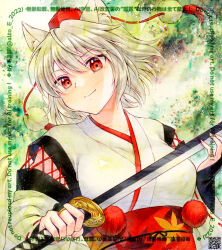  1girl adversarial_noise alto2019 animal_ear_fluff animal_ears breasts bridal_gauntlets closed_mouth commentary_request commission detached_sleeves green_background grey_hair hat highres holding holding_sword holding_weapon inubashiri_momiji japanese_clothes katana kimono kourindou_tengu_costume large_breasts looking_at_viewer marker_(medium) obi pom_pom_(clothes) red_eyes red_hat red_sash sash signature smile solo sword tail tokin_hat touhou traditional_media watermark weapon white_kimono wolf_ears wolf_girl wolf_tail 