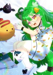  1girl :d ahoge animal_ear_fluff animal_ears arms_up bed_sheet bell brown_eyes carrot_print commission copyright_request food_print glasses green_hair hair_bell hair_between_eyes hair_intakes hair_ornament hairclip kou_hiyoyo long_hair lying on_side print_shirt print_shorts shirt short_sleeves shorts skeb_commission slippers smile solo tail very_long_hair white_shirt white_shorts white_slippers 