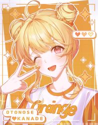  1girl ;d ahoge blonde_hair blush bow braid character_name commentary double_bun hair_bun heart highres hololive hololive_dev_is jewelry looking_at_viewer necklace one_eye_closed open_mouth orange_bow orange_nails orange_shirt orange_theme otonose_kanade pink_eyes roha_(2r0ha1745) shirt sidelocks smile solo star_(symbol) teeth two-tone_shirt upper_body v virtual_youtuber white_shirt 
