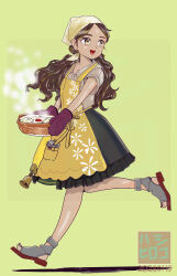  1girl absurdres apron bandana black_skirt blonde_streaks bowl brown_shirt commentary_request cooking_pot dark-skinned_female dark_skin elephant green_bandana hashi_hiroko highres holding holding_cooking_pot kantai_collection looking_back nanakusa-no-sekku open-toe_shoes oven_mitts sash shirt skirt thonburi_(kancolle) thonburi_(nanakusagayu)_(kancolle) wavy_mouth yellow_apron 