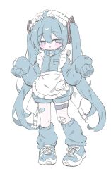 1girl :o absurdres ahoge apron bandaid bandaid_on_leg belt blue_eyes blue_hair blue_jacket blue_leg_warmers blue_shoes blue_shorts blush_stickers commentary_request full_body gauze_on_knee hair_between_eyes hair_ornament hands_up hatsune_miku highres izumi_(yura_izumi) jacket leg_warmers long_hair long_sleeves maid maid_headdress no_pupils open_mouth shoes shorts sidelocks simple_background sleeves_past_fingers sleeves_past_wrists sneakers solo standing thigh_belt thigh_strap track_jacket twintails unconventional_maid very_long_hair vocaloid w_arms white_apron white_background zipper 