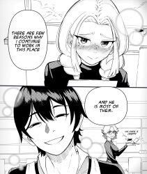  1boy 2girls absurdres blush braid closed_mouth commentary dilan_griz double-parted_bangs english_commentary english_text greyscale hair_between_eyes half-closed_eyes hetero highres julieth_(dilan_griz) looking_at_viewer medium_hair monochrome multiple_girls original parted_hair raised_inner_eyebrows short_hair twin_braids typo 