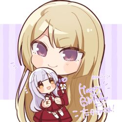  1girl assault_lily blonde_hair blush brown_sailor_collar character_doll character_name chibi closed_mouth commentary_request cowboy_shot doll flower hands_up happy_birthday heart highres holding holding_doll jewelry kanba_girls_high_school_uniform kon_kanaho long_hair long_sleeves looking_at_object miyagawa_takane notice_lines ponokaijo purple_background red_shirt red_skirt ring sailor_collar school_uniform serafuku shirt skirt smile solo standing striped_background twitter_username two-tone_background very_long_hair violet_eyes white_background white_flower 