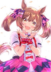  1girl absurdres animal_ears argyle_bow blue_bow blush bow breasts brown_eyes brown_hair brown_tail center_frills commentary_request frills hair_between_eyes hair_bow hair_ornament highres horse_ears horse_girl horse_tail kanon_(flowercanon) looking_at_viewer medium_hair multiple_hair_bows open_mouth pink_bow pink_skirt puffy_short_sleeves puffy_sleeves purple_bow red_bow shirt short_sleeves simple_background skirt smart_falcon_(love_4ever)_(umamusume) smart_falcon_(umamusume) smile solo suspender_skirt suspenders tail twintails umamusume upper_body white_background white_shirt wrist_cuffs wrist_wrap 