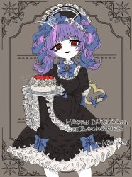  1girl antennae bags_under_eyes blue_bow blue_bowtie blue_hair bow bowtie breasts cake character_request commentary copyright_request dress english_commentary english_text food frilled_dress frilled_sleeves frills gem grey_background hair_bow happy_birthday hatching_(texture) highres holding holding_cake holding_food looking_at_viewer maid maid_headdress medium_breasts multicolored_hair open_mouth pink_hair purple_hair red_eyes sekai_yusuke signature solo strawberry_cake triangle_mouth wide_sleeves 