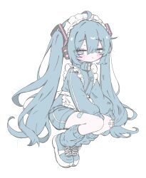  1girl ahoge apron bandaid bandaid_on_leg belt blue_eyes blue_hair blue_jacket blue_leg_warmers blue_shoes blue_shorts blush_stickers commentary_request full_body gauze_on_knee hair_between_eyes hair_ornament hatsune_miku highres izumi_(yura_izumi) jacket leg_warmers long_hair long_sleeves looking_at_viewer maid maid_headdress no_pupils shoes shorts sidelocks simple_background sleeves_past_fingers sleeves_past_wrists sneakers solo thigh_belt thigh_strap track_jacket twintails unconventional_maid very_long_hair vocaloid white_apron white_background zipper 