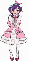  1girl antenna_hair bow_hairband bright_pupils closed_mouth commentary_request dot_(pokemon) dress enden_(kibuuuuun) full_body green_hairband hairband hand_on_own_arm long_hair long_sleeves pantyhose pink_dress pokemon pokemon_(anime) pokemon_horizons purple_hair shoes simple_background solo standing sweat violet_eyes white_background white_pantyhose white_pupils 