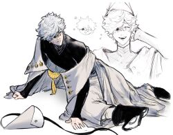  1boy cloak glasses happy hat hat_tassel highres male_focus multiple_views on_ground qifrey_(tongari_boushi_no_atelier) sweatdrop tongari_boushi_no_atelier white_hair youre_uru 