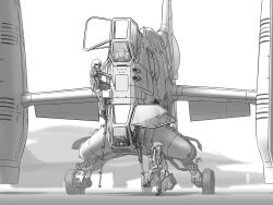  1boy 1girl bag boots cockpit commentary_request flight_suit floodlights greyscale helmet highres holding holding_bag ikari_shinji l.w._mirage ladder landing_gear monochrome neon_genesis_evangelion signature souryuu_asuka_langley two_side_up vtol 