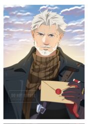 1boy black_coat black_gloves black_shirt blue_eyes blue_sky border brown_neckerchief clouds cloudy_sky coat commentary dog_tags envelope gloves hand_up highres holding holding_envelope igor_(reverse:1999) looking_at_viewer male_focus mature_male msf_(felsmlll) neckerchief old old_man reverse:1999 shirt sky solo symbol-only_commentary upper_body watermark wax_seal white_beard white_border white_hair 