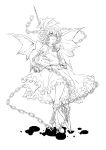  anmitsuyomogi chain chains dress frills hat licking_lips lineart monochrome polearm remilia_scarlet short_hair solo spear spear_the_gungnir touhou weapon wings 