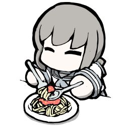  1girl blue_sailor_collar chibi chibi_only closed_eyes commentary_request food fork fubuki_(kancolle) grey_hair kantai_collection low_ponytail no_mouth pasta ponytail sailor_collar school_uniform serafuku solo spaghetti spoon task_(s_task80) 