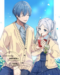  1boy 1girl blue_background blue_dress blue_hair blue_pants blue_shirt border bow bowtie cardigan closed_eyes collared_shirt cup disposable_cup dress drinking elf frieren green_eyes grey_hair hair_between_eyes highres himmel_(sousou_no_frieren) holding holding_cup kizuka2020 laughing long_hair mole mole_under_eye open_mouth pants parted_bangs pointy_ears red_bow red_bowtie shirt short_hair smile sousou_no_frieren twintails white_border yellow_cardigan 