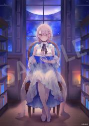  asumi_sena black_choker book bookshelf choker closed_mouth full_body grey_hair hair_over_one_eye highres holding holding_book indoors library long_skirt looking_at_viewer multicolored_hair official_art pink_hair sample_watermark shirt shoes short_hair sitting skirt sleeveless sleeveless_shirt smile streaked_hair vspo! watermark white_shirt white_shoes white_skirt yukisame 