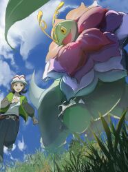  1girl antennae bell-bottoms blue_pants blue_sky bo_(bouillustration) brown_eyes brown_hair clouds colored_skin commentary_request flower grass green_jacket green_skin harmony_(pokemon) hat highres jacket long_neck long_sleeves mega_meganium mega_pokemon mega_ring meganium neck_flower open_clothes open_jacket open_mouth outdoors pants pokemon pokemon_(creature) pokemon_legends:_z-a sauropod shirt short_hair sky smile tail white_hat white_shirt yellow_eyes 