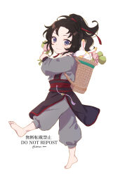  1boy aged_down ahoge animal backpack_basket barefoot basket black_hair black_hanfu black_sash child chinese_clothes closed_mouth commentary_request dated eyelashes flower full_body grey_pants grey_shirt hair_ribbon hanfu highres holding holding_flower holding_plant kabe_bo long_hair long_sleeves looking_at_viewer lotus lotus_pod male_focus modao_zushi official_alternate_costume pants pink_flower plant ponytail rabbit red_ribbon red_sash ribbon sash shirt sidelocks simple_background smile solo standing standing_on_one_leg tassel twitter_username violet_eyes walking wei_wuxian wei_wuxian_(yunmeng_clan) white_background white_rabbit_(animal) yaopei 