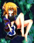  bare_shoulders barefoot blonde_hair breasts frown green_eyes large_breasts legs long_legs midriff mizuhashi_parsee nosada off_shoulder pointy_ears solo thighs touhou 