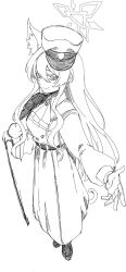  1girl akira_(blue_archive) akira_(miria)_(blue_archive) animal_ear_fluff animal_ears ascot blue_archive cane cat_ears cat_girl closed_mouth coat commentary_request from_side full_body greyscale halo hand_on_cane hat hat_over_one_ear highres long_hair looking_at_viewer looking_to_the_side mattun_8230 monochrome official_alternate_costume outstretched_hand peaked_cap side_cape sideways_glance simple_background sketch smile solo white_background 