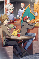  1girl 3boys 88_(einnimnech) alternate_costume apron black_pants blue_oak brown_hair brown_jacket charizard commentary_request croissant cup day disposable_cup food griselle_(pokemon) grisham_(pokemon) highres jacket multiple_boys notice_lines outdoors pants pikachu pokemon pokemon_(creature) pokemon_legends:_z-a red_(pokemon) rotom rotom_phone shoes short_hair sitting sparkle spiky_hair table waist_apron waitress 