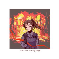  1girl black_gloves blue_shirt blue_vest brown_hair cgranada316 closed_eyes closed_mouth collared_shirt cowboy_shot fire gloves highres limbus_company long_hair ponytail project_moon saude_(project_moon) shirt simple_background solo vest walkie-talkie white_background 