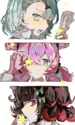  3girls aqua_hair aqua_streaks black_hair blue_eyes blush bow chinatsu_remiel colored_inner_hair commentary crossed_bangs earrings fingerless_gloves gloves green_bow green_eyes green_hair hair_between_eyes hair_bow hair_ornament highres holding holding_star jewelry looking_at_viewer multicolored_hair multiple_girls musical_note_earrings one_eye_covered open_mouth pink_bow pink_gloves pink_hair portrait rokudu_sariel shirt short_twintails simple_background star_(symbol) streaked_hair tanaka_kanata09 tears triangle_hair_ornament twintails violet_eyes white_background white_shirt yutane_johiel zenless_zone_zero 