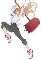  1girl blonde_hair chainsaw_man cheshirrr demon_girl demon_horns fangs hemokinesis high-waist_pants highres holding holding_mallet horns incoming_attack mallet necktie pants power_(chainsaw_man) red_horns sharp_teeth shirt_partially_tucked_in shoes simple_background sneakers solo teeth tongue tongue_out yellow_eyes 