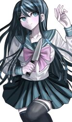  1girl black_thighhighs bow bowtie breasts collarbone commentary_request danganronpa:_trigger_happy_havoc danganronpa_(series) grey_eyes hair_ornament hairclip hand_up highres holding holding_knife knife large_breasts long_hair long_sleeves maizono_sayaka miniskirt pink_bow pink_bowtie pleated_skirt sailor_collar school_uniform shirt skirt solo tarutaru428 thigh-highs white_shirt 