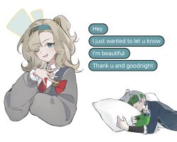  1girl 2girls ;d absurdres black_coat blue_hairband coat cropped_torso drooling english_text grey_hair grey_sweater hairband hand_up highres holding holding_stuffed_toy lying matilda_bouanich multiple_girls necktie on_side one_eye_closed one_side_up pillow quanx70909457 red_necktie reverse:1999 shirt sleep_mask smile stuffed_animal stuffed_frog stuffed_toy sweater upper_body vertin_(reverse:1999) white_background white_shirt 