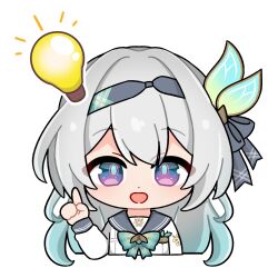  1girl firefly_(honkai:_star_rail) firefly_(spring_missive)_(honkai:_star_rail) gradient_eyes gradient_hair green_pupils grey_hair grey_hairband grey_ribbon hair_between_eyes hair_intakes hair_ornament hair_ribbon hairband hashtag-only_commentary highres honkai:_star_rail honkai_(series) index_finger_raised light_bulb long_hair makinomaki108 multicolored_eyes multicolored_hair open_mouth pointing pointing_up ribbon simple_background smile solo white_background 