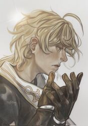  1boy aether_(genshin_impact) ahoge alternate_hairstyle arm_armor artist_name black_gloves black_shirt blonde_hair commentary crying crying_with_eyes_open earrings genshin_impact gloves grey_background hair_between_eyes half-closed_eyes hands_up highres jewelry leather leather_gloves lips long_hair looking_to_the_side male_focus sad scarf shirt short_sleeves simple_background single_earring solo sparkle tears tedlybinn teeth upper_body wavy_hair white_scarf yellow_eyes 