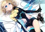  7g blonde_hair blue_eyes body_suit dutch_angle hairclip highres kagamine_rin looking_down microphone short_shorts thigh_boots vocaloid wires 