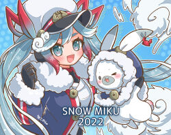  >_o 1girl 1other aqua_eyes aqua_hair black_coat black_gloves black_necktie blush character_name coat collared_shirt commentary_request crab fur-trimmed_coat fur-trimmed_sleeves fur_trim gloves gradient_hair hair_between_eyes hair_ornament hair_ribbon hat hatsune_miku highres jacket long_hair long_sleeves looking_at_viewer multicolored_hair necktie nekonon official_alternate_costume official_alternate_hairstyle one_eye_closed open_mouth peaked_cap rabbit rabbit_yukine red_ribbon red_shirt ribbon sailor_hat shirt smile thigh-highs twintails very_long_hair vocaloid white_hair white_jacket yuki_miku yuki_miku_(2022) 