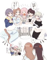  5girls :< :3 absurdres anger_vein arms_around_neck bang_dream! bang_dream!_it's_mygo!!!!! blue_eyes blue_hoodie breast_envy breasts brown_eyes brown_hair chihaya_anon closed_eyes fang grey_hair heart hetero highres hood hood_down hoodie kaname_raana kanon_25ji long_hair long_sleeves medium_breasts multiple_girls mygo!!!!!_(bang_dream!) nagasaki_soyo open_mouth pink_hair selfie shiina_taki shirt short_hair spoken_heart takamatsu_tomori translation_request violet_eyes white_hair white_shirt yellow_eyes 