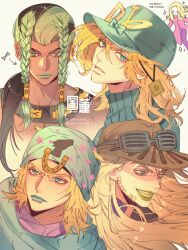  5boys absurdres beanie black_hair blonde_hair blue_eyes blue_lips braid chibi chibi_inset commentary dark-skinned_male dark_skin diego_brando facial_hair funny_valentine goggles goggles_on_headwear green_eyes green_hair green_lips grills grin gyro_zeppeli hair_over_shoulder hair_through_headwear hair_tubes hat helmet highres johnny_joestar jojo_no_kimyou_na_bouken karssama long_hair looking_at_viewer looking_to_the_side low_ponytail male_focus medium_hair multiple_boys parted_lips ponytail sandman_(sbr) side_braids smile steel_ball_run symbol-only_commentary translation_request turtleneck v-shaped_eyebrows watermark 