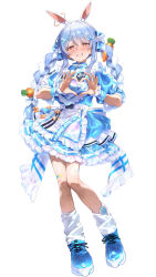  1girl absurdres animal_ears apron bandaid bandaid_on_leg blue_dress blue_hair blue_shoes braid breasts carrot_hair_ornament commentary_request dress extra_ears food-themed_hair_ornament four-finger_heart_hands frilled_apron frilled_dress frills full_body hair_ornament heart heart_hands highres hikimayu hololive hololive_3rd_generation_live_outfit incredibly_absurdres jersey_maid layered_dress leg_warmers long_hair looking_at_viewer maid maid_apron maid_headdress multicolored_hair nyarurato0debu official_alternate_costume orange_eyes puffy_short_sleeves puffy_sleeves rabbit-shaped_pupils rabbit_ears rabbit_girl shoes short_dress short_eyebrows short_sleeves sidelocks simple_background small_breasts sneakers solo standing symbol-shaped_pupils thick_eyebrows twin_braids twintails two-tone_hair unconventional_maid usada_pekora virtual_youtuber white_apron white_background white_hair white_leg_warmers 