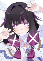  1girl absurdres black_hair blush bow bright_pupils columbina_(genshin_impact) commentary_request dress gaohuang43450 genshin_impact hair_in_own_mouth hair_intakes hair_ribbon head_wings highres long_hair looking_at_viewer loose_hair_strand multicolored_hair open_mouth purple_hair ribbon simple_background solo upper_body violet_eyes white_background white_bow white_dress white_pupils white_ribbon white_wings wings 