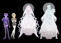  2boys 2girls alternate_costume arms_at_sides asymmetrical_bangs bare_shoulders belt black_background black_gloves black_necktie black_shirt black_shoes black_shorts black_sleeves black_thighhighs blue_eyes blunt_bangs blunt_ends blunt_tresses bright_pupils brown_hair closed_mouth collared_shirt columbina_(genshin_impact) commentary_request crossed_arms dottore_(genshin_impact) dress earrings elbow_gloves eye_mask eyelashes facing_viewer feathered_wings flower genshin_impact gloves hair_ribbon halo halo_behind_head hand_on_own_hip head_wings headdress highres houseki_no_kuni jewelry juliet_sleeves limited_palette liuyun_(liuyun73492) long_bangs long_hair long_sleeves looking_at_another looking_at_viewer lotus mask multiple_boys multiple_girls multiple_wings necktie parody puffy_sleeves purple_hair ribbon robe sandrone_(genshin_impact) scaramouche_(genshin_impact) shirt shoes short_hair short_hair_with_long_locks short_sleeves shorts sidelocks sleeves_past_fingers sleeves_past_wrists smile swept_bangs thigh-highs traditional_halo tress_ribbon tsurime undershirt v-neck veil very_long_hair violet_eyes white_belt white_gloves white_pupils white_shirt white_thighhighs wing_collar wing_ornament wings 