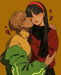  2girls ^_^ amagi_yukiko arm_around_shoulder black_hair black_scarf brown_hair closed_eyes green_jacket hairband hand_on_another's_shoulder heart highres jacket long_hair mei_(manjunii) multiple_girls off_shoulder persona persona_4 red_hairband red_sweater satonaka_chie scarf short_hair smile sweater turtleneck turtleneck_sweater upper_body yellow_background yellow_sweater yuri 