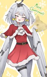  1girl ahoge belt bird_legs black_belt blush bow capelet claw_bow claws closed_eyes commentary dress english_commentary feathered_wings fur-trimmed_dress fur_trim grey_feathers grey_hair grey_wings hair_bow harpy highres medium_hair mono_(sifserf) monster_girl mouse_(animal) open_mouth original owl_girl red_capelet red_dress santa_costume santa_dress sidelocks sifserf solo thigh_strap winged_arms wings yellow_background yellow_bow 