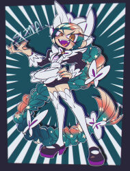  1girl absurdly_long_hair apron black_border black_dress black_shoes blush border bow braid claws commentary_request dress emphasis_lines gradient_hair green_background green_hair hand_on_own_hip heart heart_in_mouth highres lebanne_(pokemon) long_hair looking_at_viewer maid maid_headdress multicolored_hair pokemon pokemon_legends:_z-a red_hair shadow sharp_teeth shoes simple_background sizma slit_pupils solo teeth thigh-highs very_long_hair white_apron white_bow white_thighhighs yellow_eyes 