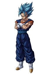  1boy absurdres blue_eyes blue_hair blue_pants blue_shirt boots commentary_request crossed_arms dougi dragon_ball dragon_ball_super earrings full_body gloves highres jewelry male_focus medium_hair muma_maximum76 muscular muscular_male orange_shirt pants potara_earrings purple_sash sash shirt simple_background solo spiky_hair super_saiyan super_saiyan_1 super_saiyan_blue vegetto white_boots white_gloves 