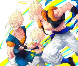  3boys black_vest blonde_hair blue_pants blue_sash blue_shirt cropped_vest dougi dragon_ball dragon_ball_z father_and_son gogeta gotenks green_eyes group_picture halo highres medium_hair metamoran_vest multiple_boys muscular muscular_male no_shirt ommmyoh pants sash shirt shooting_range spiky_hair super_saiyan super_saiyan_1 trait_connection vegetto vest white_pants yellow_halo 