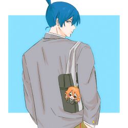  1boy akim0tion alternate_costume angel_devil_(chainsaw_man) bag blue_eyes blue_hair border chainsaw_man character_doll closed_mouth commentary doll earrings from_behind hayakawa_aki highres jewelry looking_at_viewer looking_back male_focus outside_border school_bag short_hair shoulder_bag solo symbol-only_commentary topknot upper_body white_border 