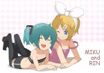  alternate_hair_length alternate_hairstyle aqua_hair bad_id bandeau bare_shoulders blonde_hair blue_eyes child hair_ornament hair_ribbon hairclip happy hatsune_miku kagamine_rin lying multiple_girls on_stomach ribbon short_hair smile strap_slip tamakorogashi twintails vocaloid young 