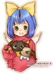  1girl 2003 :d artist_name bad_id blue_hair bow commentary_request copyright_name eiko_carol final_fantasy final_fantasy_ix green_eyes hair_bow halftone halftone_outline horns lowres mini_wings open_mouth outline saikachi_(ogre_tree) short_hair simple_background single_horn smile teeth upper_teeth_only white_background wings yan_(final_fantasy) yellow_bow 