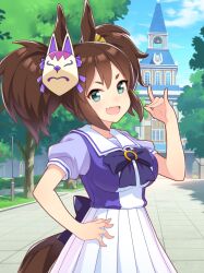  1girl \m/ absurdres animal_ears aqua_eyes artist_request back_bow bare_arms bell blue_bow blue_bowtie blue_shirt blue_sky bow bowtie breasts brooch brown_hair clouds cowboy_shot day dot_nose eyelashes fang fox_mask game_cg hair_between_eyes hair_bow happy high-waist_skirt highres horse_ears horse_girl horse_tail horseshoe_ornament inari_one_(umamusume) jewelry lamppost large_breasts mask mask_on_head multiple_hair_bows official_art open_mouth outdoors path pleated_skirt puffy_short_sleeves puffy_sleeves purple_bow sailor_collar school school_uniform shade shirt short_hair short_sleeves short_twintails skin_fang skirt sky smile solo standing summer_uniform tail third-party_source tracen_academy tracen_school_uniform tree tsurime twintails two-tone_shirt umamusume white_mask white_sailor_collar white_shirt white_skirt window yellow_bow 
